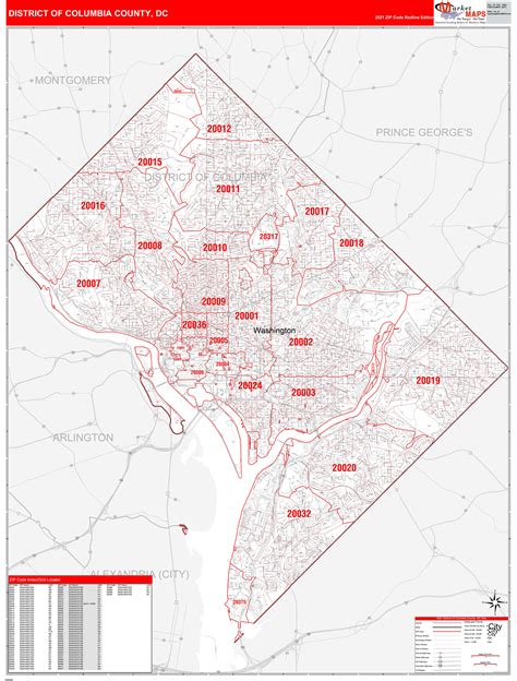 District of Columbia County, DC Zip Code Wall Map Red Line Style by MarketMAPS