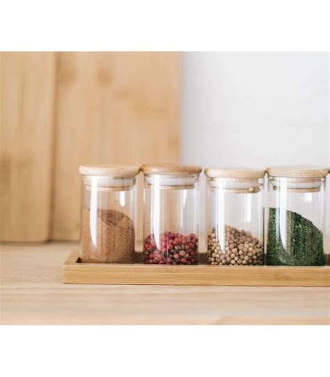 Set Of 6 Spice Glass Jars With Bamboo Lids