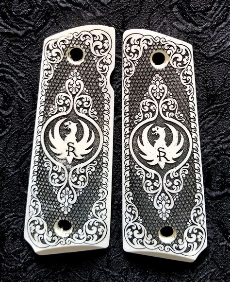 1911 Ruger Sr1911 Custom Ivory Scrimshaw Grips Scroll Dragon Logo