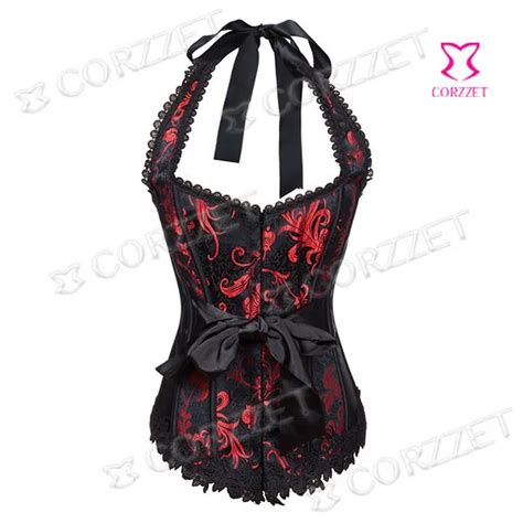 Buy Black Jacquard And Red Floral Embroidery Halter Neck