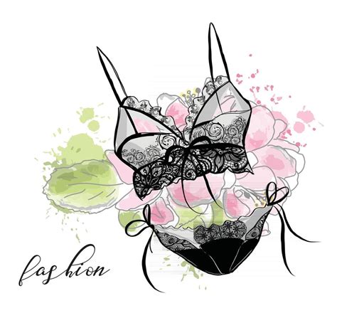 Fashion Sketch Women S Lace Sexy Lingerie Bra And Panties Flower Background Vector