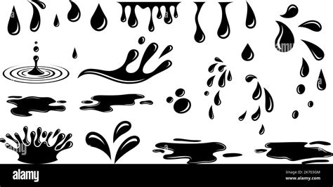 Puddles Drops Splashing Water Dripping Liquid Elements Isolated Black