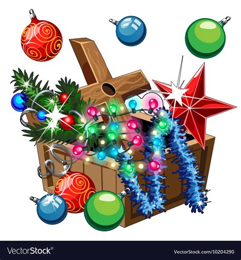 Box with christmas decorations balls stars Vector Image