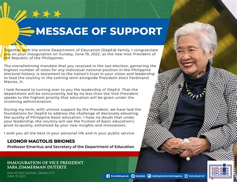 Pia Message Of Support From Deped Secretary Leonor Magtolis Briones
