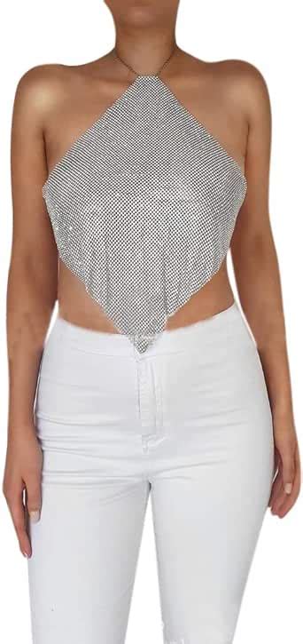 Women Sexy Shiny Rhinestone Tank Top Halter Metal Body Chain Crop Top Shirt For Night Club Party