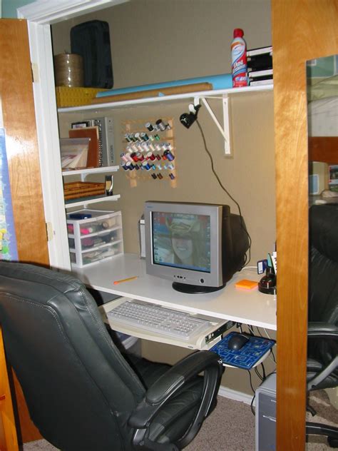 Convert Closet To An Office Desk Hung A Slab Of Wood On Large Shelf
