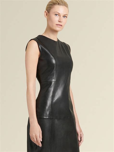 dkny donna karan sleeveless leather sheath dress in black lyst