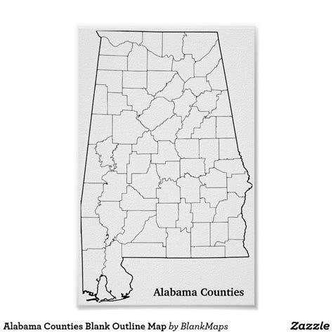 Alabama Counties Blank Outline Map Poster Zazzle Map Poster County