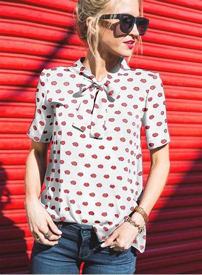 Blouse Short Sleeve Pattern Collar Bow Casual