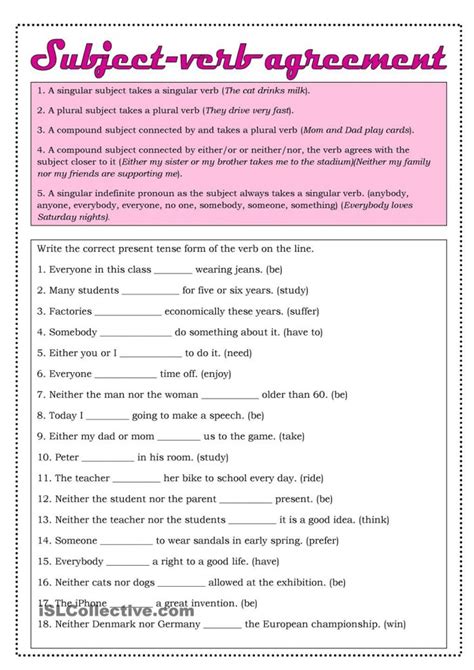 grammar time subject verb agreement  worksheets