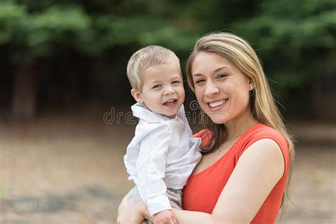 Cute Millennial Mom Holding Toddler Son Stock Image Image Of