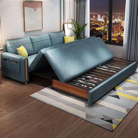 811 Blue Arm Full Sleeper Sofa Bed With Storageandside Pockets Homary