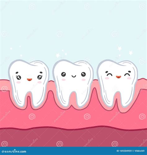Teeth In The Gums Vector Color Illustration In Cartoon Style Kawaii