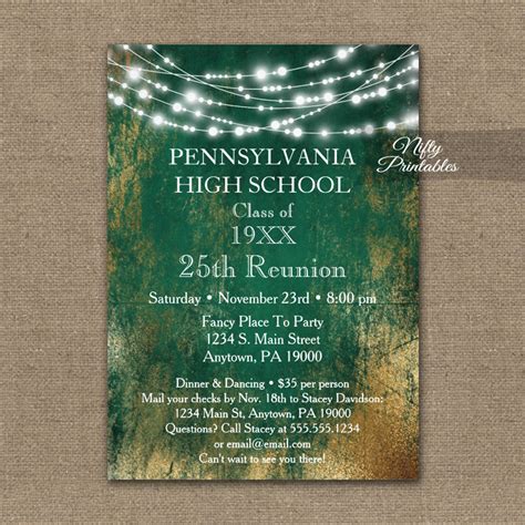 Class Reunion Invitations Green Gold School Printed Nifty Printables