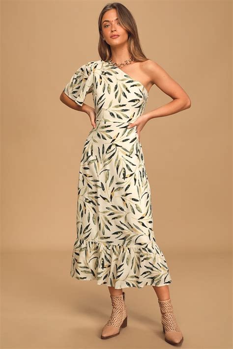 Cream Leaf Print Dress One Shoulder Dress Ruffled Midi Dress Lulus
