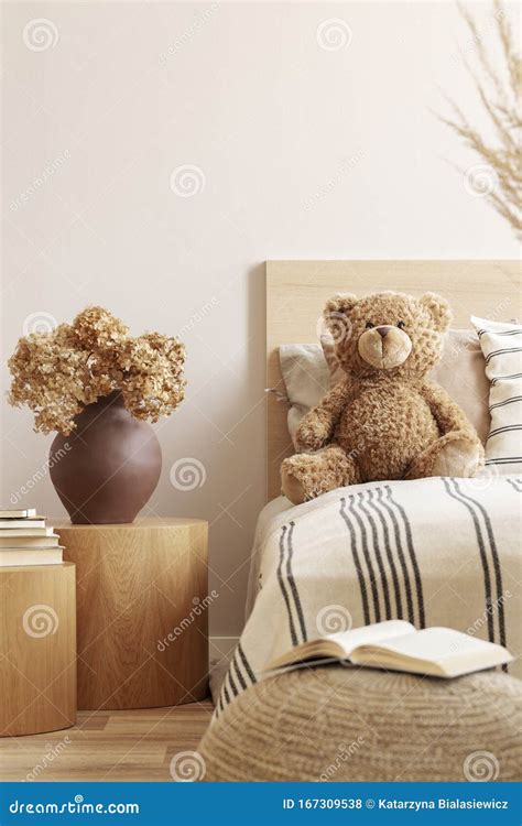 Teddy Bear On Single Bed In Natural Kid`s Room Stock Photo Image Of