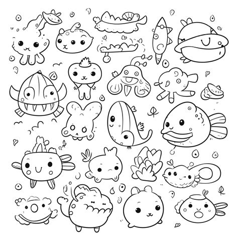 Cute Animal Kawaii Coloring Page In Black And White Outline Sketch