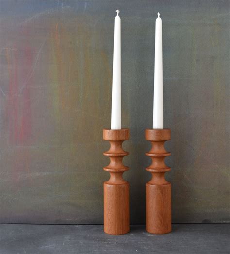 Danish Modern Candle Holders Turned Wood Teak Candlesticks