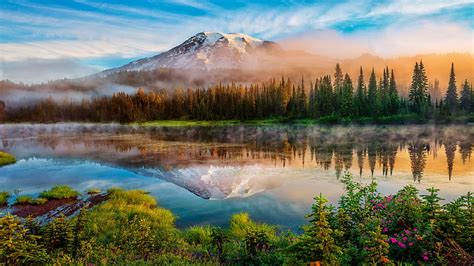 Hd Wallpaper Mount Rainier And Bench Lake National Park Washington Us