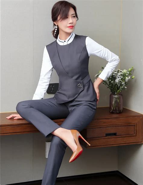 Elegant Grey Formal Uniform Designs Pantsuits With Pants And Vest Coat And Waistcoat For Women
