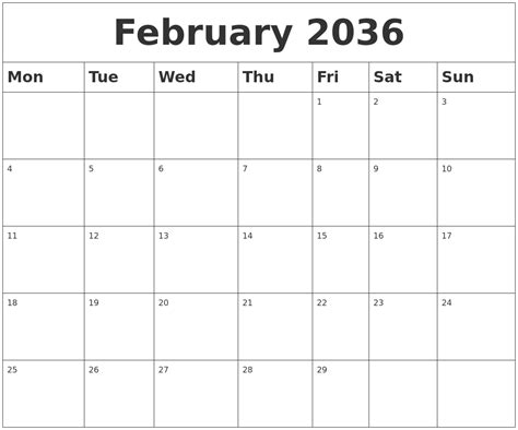 February 2036 Blank Calendar