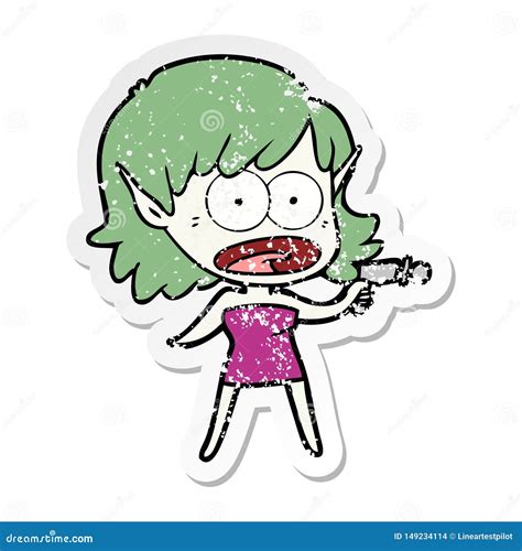 Distressed Sticker Of A Cartoon Shocked Alien Girl With Ray Gun Stock