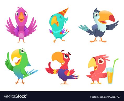 Cartoon Parrots Characters Cute Feathered Birds Vector Image