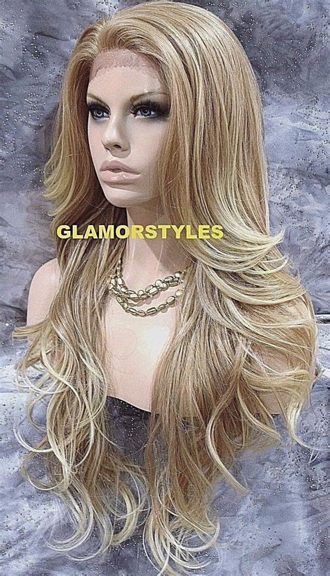 Human Hair Blend Lace Front Full Wig Long Wavy Caramel Bleach Blonde