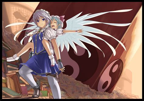 2girls blue eyes book braids gray hair gustav telomere na hat izayoi sakuya maid remilia