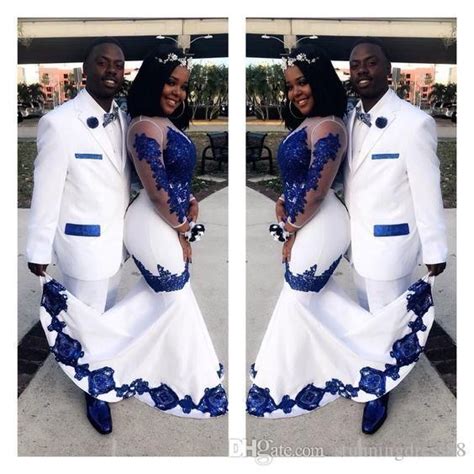 New White Satin Royal Blue Lace Aso Ebi African Prom Dresses Long Illusion African