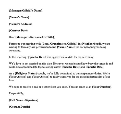 Though these letters serve the same purpose as an invitation card, the while starting off an invitation letter, mention what the reader is being invited to. Permission Request Letter to Use a Venue for Wedding ...