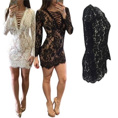 Best Selling Lace Up Deep V Neck Long Sleeve Slim Lace Dress Solid