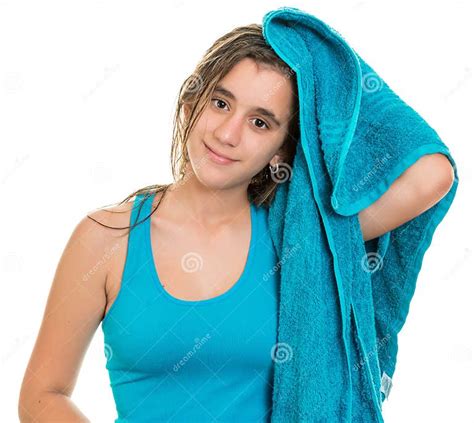 Pretty Teenage Girl Drying Her Wet Hair With A Towel Stock Image Image Of Beautiful Latin