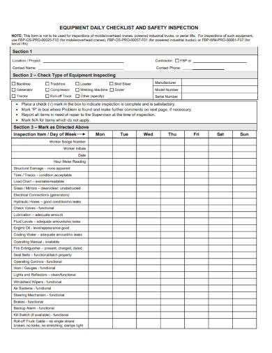 FREE Equipment Inspection Checklist Samples Safety Daily