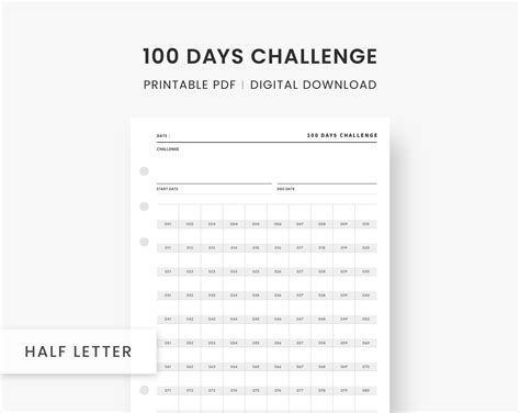 100 Days Challenge Printable Challenge Tracker Goal Challenge