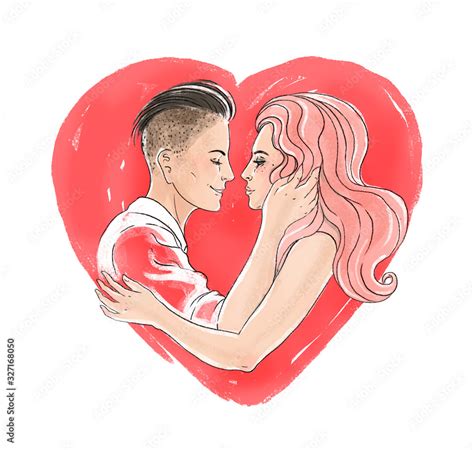 Love Wins Romantic Lesbian Couple Kissing Sketchy Watercolor