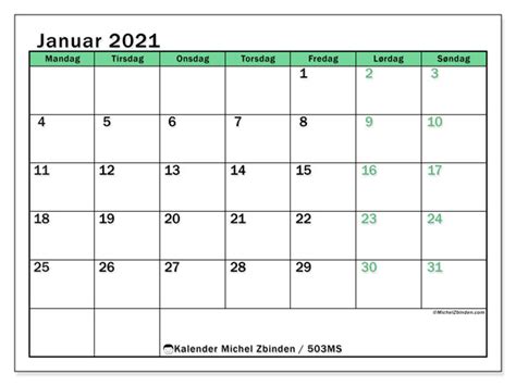 Årskalender kalender 2021 skriva ut gratis kalender för 2021 med helgdagar och veckonummer. Kalendere januar 2021 "Mandag - Søndag" - Michel Zbinden NO