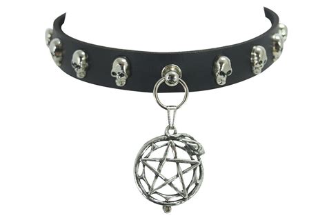 Gothic Punk Rock Emo Pentagram Charm Skull Stud Leather Choker Collar