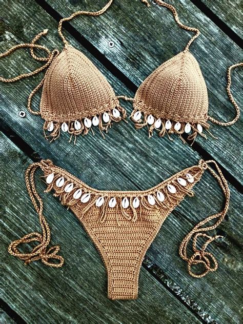 Crochet Bikini Set Tan Brown Bikini With Cowrie Sea Shells Bikini Crochet Swimwear Crochet