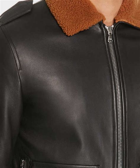 Mens Black Bomber Shearling Collar Leather Jacket Danezon