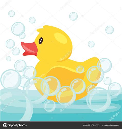 Yellow Cute Cartoon Rubber Bath Duck Blue Water Vector Illustration