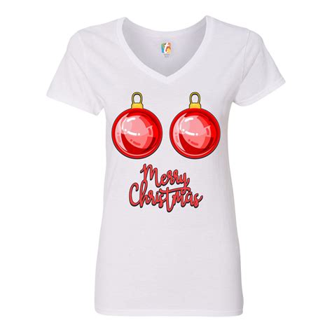 Merry Christmas Boobs Womens V Neck T Shirt Naughty Or Nice Funny Tits