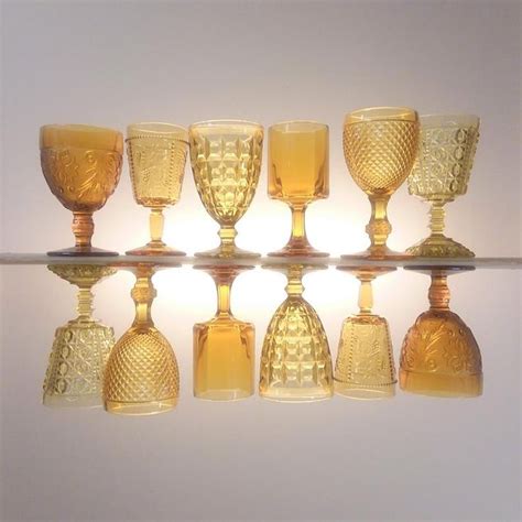 6 Mismatched Water Goblets Amber Glass Colored Glassware Etsy Colored Glassware Amber