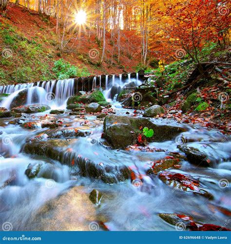 Beautiful Waterfall In Forest At Sunset Stock Photo Image Of Fresh