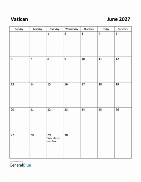 Free Printable June 2027 Calendar For Vatican
