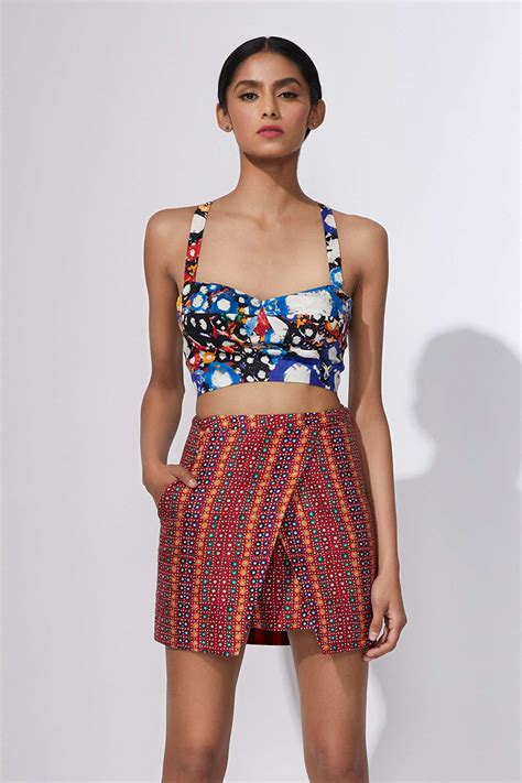 Buy Saaksha And Kinni Blue Cotton Silk Printed Crop Top And Wrap Skirt Set Online Aza Fashions