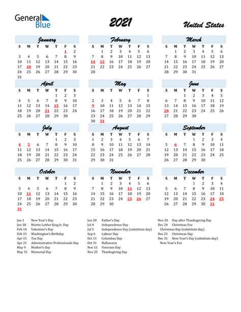 Check dates in 2021 for martin luther king day, washington's birthday, memorial day, independence day, labor day, columbus day, veterans day, thanksgiving day, christmas check the the list of 2021 public holidays in usa. 2021 Calendar - United States with Holidays
