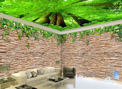 3d Brick Wall Tree Top Ceiling Entire Living Room