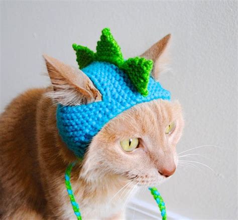 Dinosaur Cat Costume Teal And Lime Hand Knit Cat Hat Cat