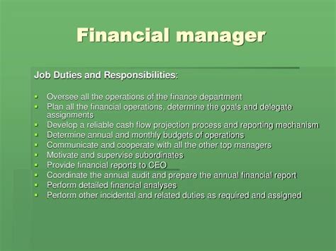 To prepare annual accounts, carrying out internal audit, safeguarding securities, present financial reports to top management. PPT - BP Centro Case Top management job descriptions ...
